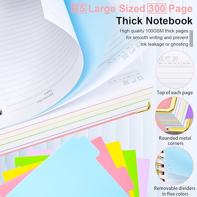 Hardcover Spiral Notebook 8"x10" Journal Notebook with Tabs and Removable Dividers 300 Pages 5 Subject Notebook College Ruled, Faux Leather Spiral Bound Notebook for Women, Students, School Work (Pink)