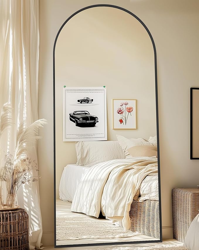 Full-Length Floor Mirror with Stand, 71"x28" Arched Style Full Body Standing Mirror for Bedroom, Living Room, Gym, Dorm - Shatter-Resistant & Easy Assembly, Black