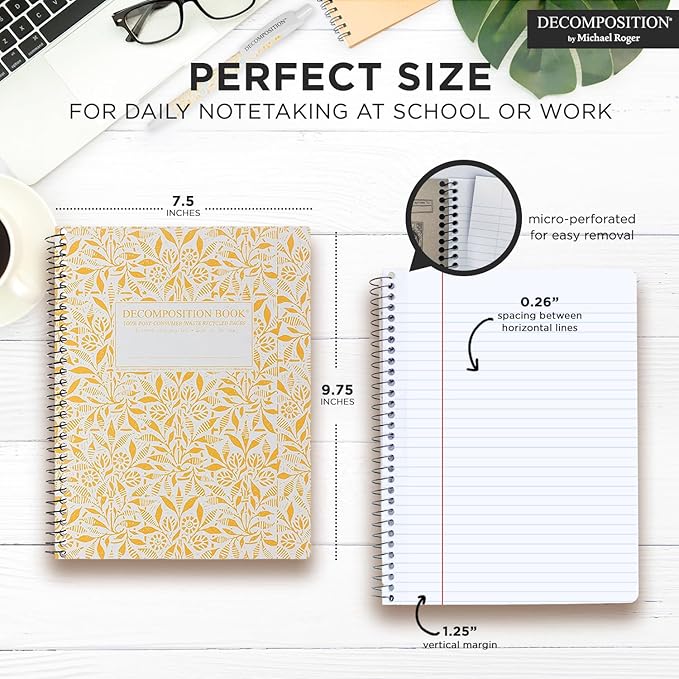 Decomposition 3-Pack Floral Harmony College Ruled Spiral Notebook - 9.75 x 7.5 Journal with 160 Lined Pages - 100% Recycled Paper - Cute Notebooks for School Supplies, Home & Office - Made in USA