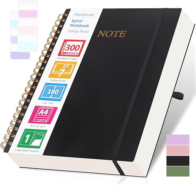 Spiral Notebook, 8.5” x 11” Notebooks for Work, 300 Numbered Pages College Ruled Notebook, Large Notebook for School with 24 Tabs, A4 Notebook Journal for Women Men, Thick Paper, Back Pocket, Black