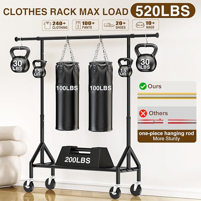 Heavy Duty Clothes Rack Load 520LBS, Adjustable Rolling Clothing Rack with Sturdy Wheel, Metal Industrial Closet Garment Racks for Hanging Clothes Coat, Portable for Bedroom, Laundry Living Room