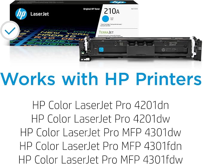 HP 210A Cyan Toner Cartridge | Works Color Laserjet Pro 4201, Color Laserjet Pro MFP 4301 Series | W2101A