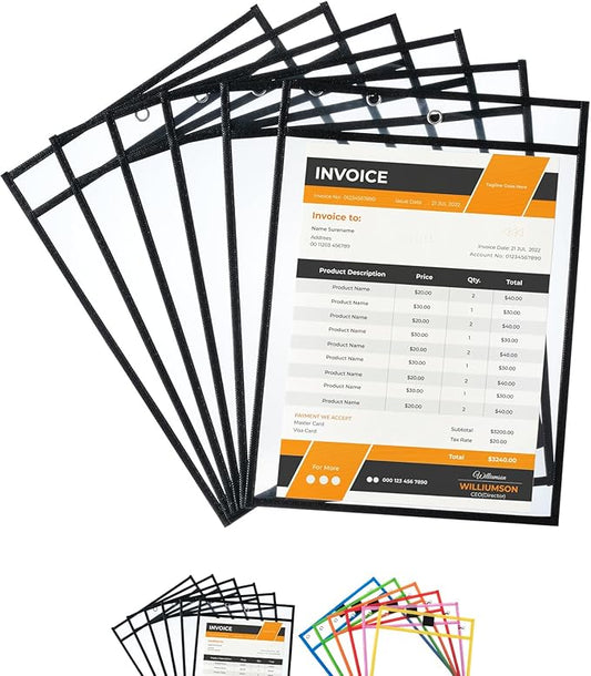 Mr. Pen- Dry Erase Pockets, 6 Pack, 10.2 x 14 Inches, Black, Reusable Plastic Sleeves for Paper, Clear Shop Ticket Holders, Dry Erase Pocket Sleeves, Dry Erase Sleeves, Clear Document Sleeves
