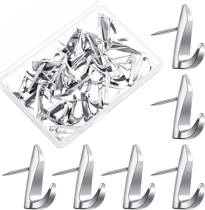 Ferraycle 30 Pieces Metal Push Pin Hangers 20 lbs Picture Hooks Zinc Alloy Thumb Tacks Hanging Hooks with Nails for Home Office Fabric Wall Wooden Board (Silver)
