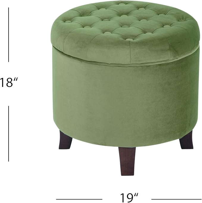 HomePop by Kinfine Fabric Upholstered Round Storage Ottoman - Velvet Button Tufted Ottoman with Removable Lid, Dark Green Small