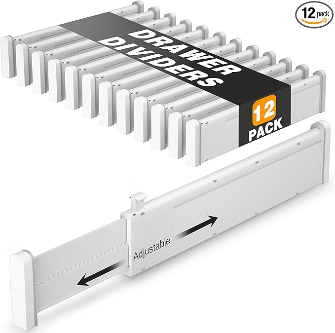 HiYZ Expandable Drawer Dividers - 12.6-22.8'' Adjustable Drawers Organizers for Kitchen Utensils, Drawer Separators in Bedroom, Dresser, Office, Bathroom, Fridge, 12 Pack Long Dividers-Gray