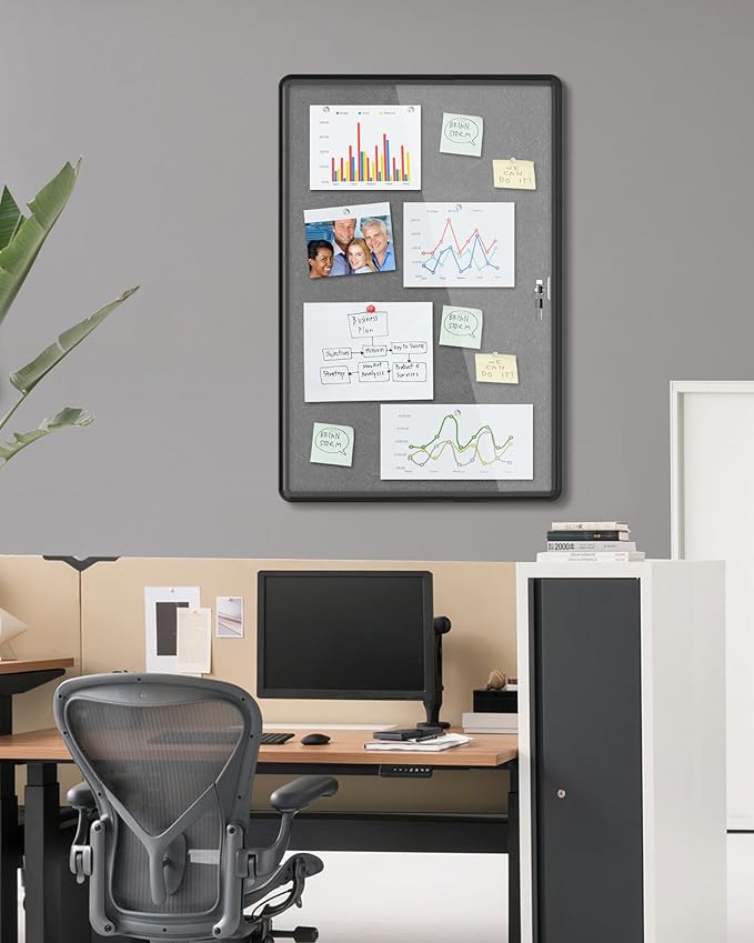 36"x24" Enclosed Bulletin Board, Lockable Weather-Resistant Aluminum Cork Noticeboard for School & Office, Black Frame w/Grey Flet