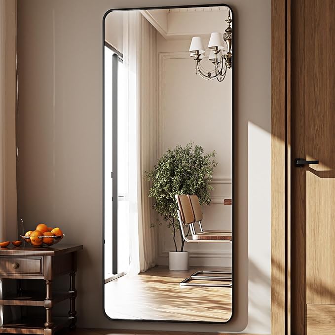 HARRITPURE 66x23 inch Rounded Full Length Mirror Aluminum Frame Mirror Full Length Floor Mirror with Stand for Living Room Bedroom Cloakroom,Black