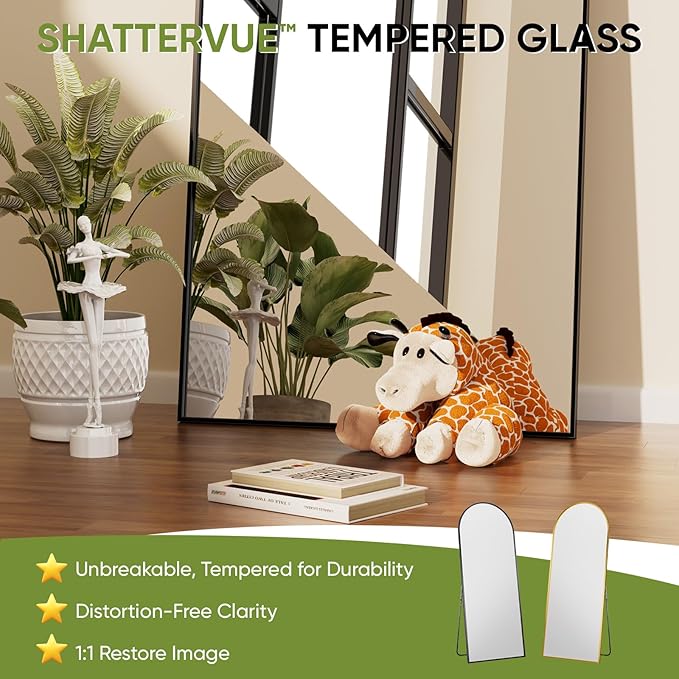 Full-Length Floor Mirror with Stand, 71"x28" Arched Style Full Body Standing Mirror for Bedroom, Living Room, Gym, Dorm - Shatter-Resistant & Easy Assembly, Black