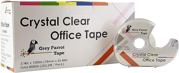 Greyparrot Office Clear Office Refill Tape Rolls + Dispenser(8 Pack),(3/4” X 1000in/pack). for Craft Jobs, Gift Wrapping, Office Work Clear(Transparent) Glossy Finish, Refillable (8000 inch/total)