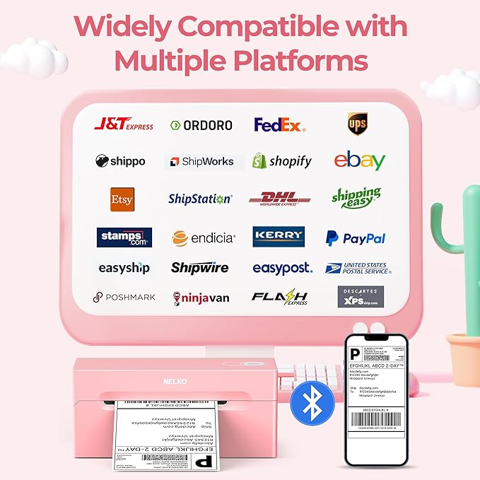 Nelko Bluetooth Thermal Shipping Label Printer, Wireless 4x6 Shipping Label Printer for Small Business, Support Android, iPhone and Windows, Widely Used for Amazon, Ebay, Shopify, USPS(Pink)