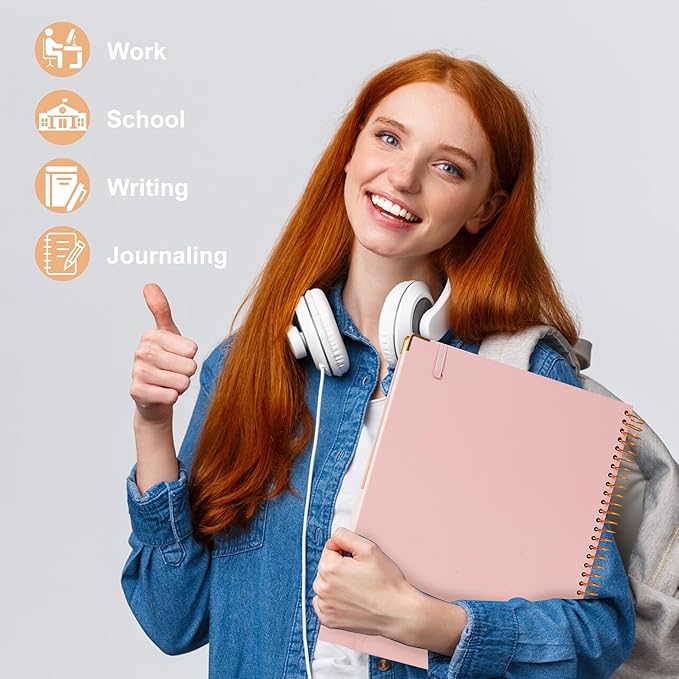 Pink Spiral Notebook College Ruled 8.5 X 11 with Tab Stickers Large Hardcover Notebooks for School Supplies A4 Note Book Journal Notebooks for Work Note Taking Office Women Men Writing, 200 Pages