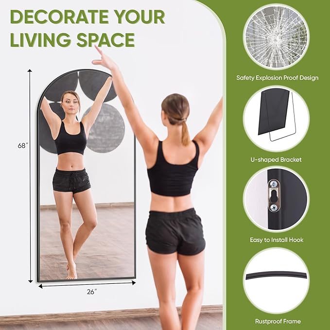 Full-Length Floor Mirror with Stand, 68"x26" Arched Style Full Body Standing Mirror for Bedroom, Living Room, Gym, Dorm - Shatter-Resistant & Easy Assembly, Black
