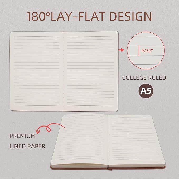 Lined Notebook Journal for Women Men 320 Pages A5 Hardcover Leather with Pen Holder College Ruled Journals for Work Note Taking Travel School Gray