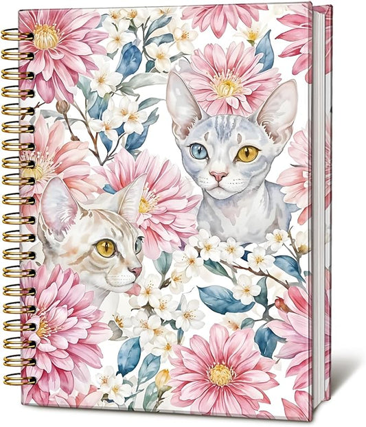 Sphynx Cat Notebook Journal, Cat Lover Gifts for Women Men, funny Black Cat Gifts for Girls, Pink Floral Cat Peel Spiral Notebook, Cat Notepad 5.5x8.3 Inch