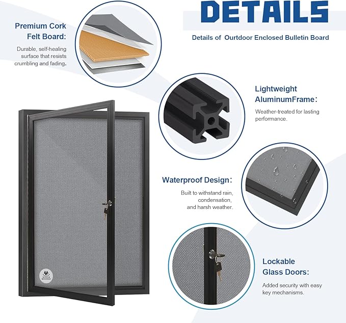 Lockable Outdoor Enclosed Bulletin Board,Weatherproof Cork Noticeboard with Locking Door, Wall-Mounted Aluminum Frame Display Case for Office, Home, School (Black Frame | Greyfelt Surface, 36x24 inch)