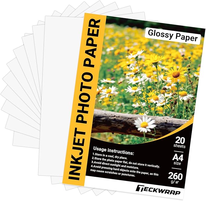 TECKWRAP Glossy Photo Paper 8.5" x 11", Inkjet Photo Paper 260gsm/69lb, Works with Inkjet Printer, Instant Dry, 20 Sheets, Professional Standard