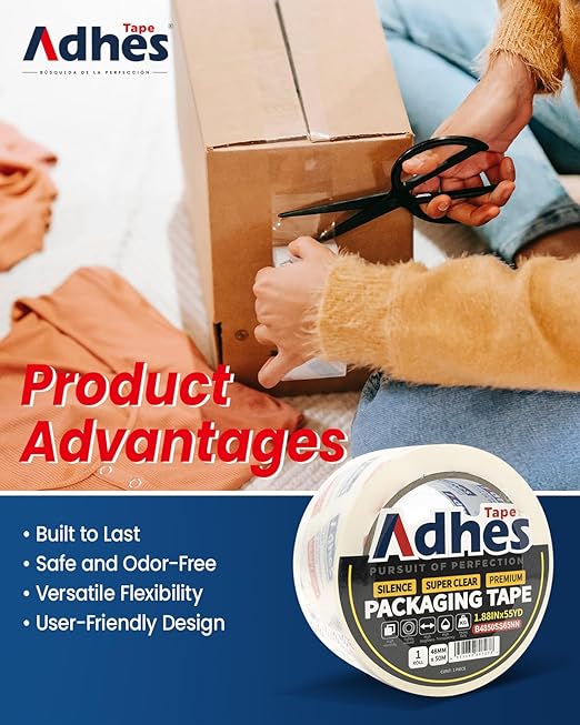 ADHES No Noise Clear Packing Tape, 1.88 Inch x 55 Yards x 6 Rolls, 2.6mil Heavy Duty Shipping Tape Strong & Durable Package Tape for Shipping, Moving, Mailing and Sealing