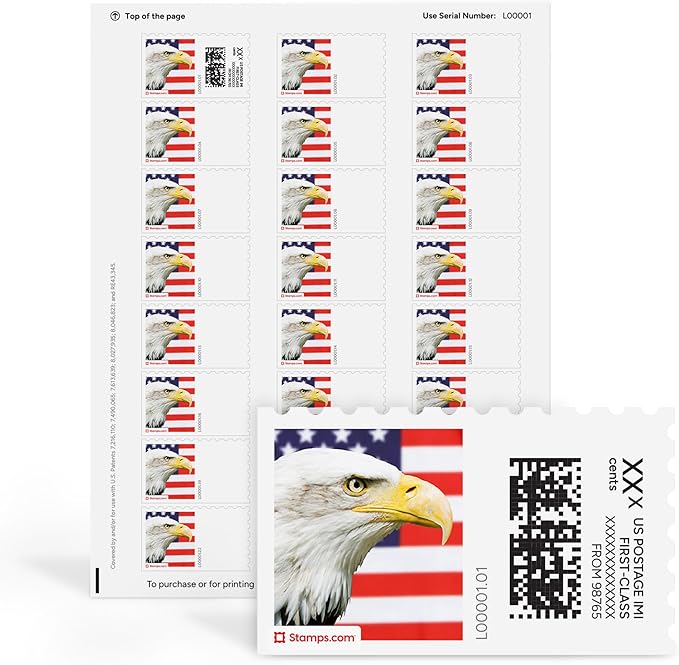 Bald Eagle NetStamps 1200-Pack (50 Sheets) Printable Postage Labels (Stamps.com Subscription Required) - Print Approved Postage - Inkjet & Laser Printers - Business, Personal, Home
