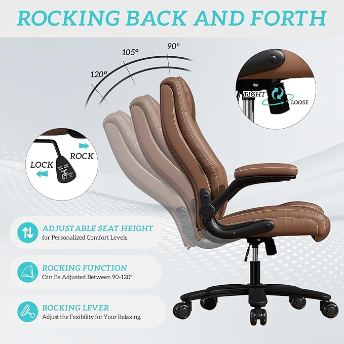 GYI O205P High Back Executive Office Chair, Big and Tall Office Chair 400LBS with Rubber Wheels,Ergonomic Adjustable Computer Desk Chairs with Padded Flip-up Armrests,Lumbar Support (Brown)