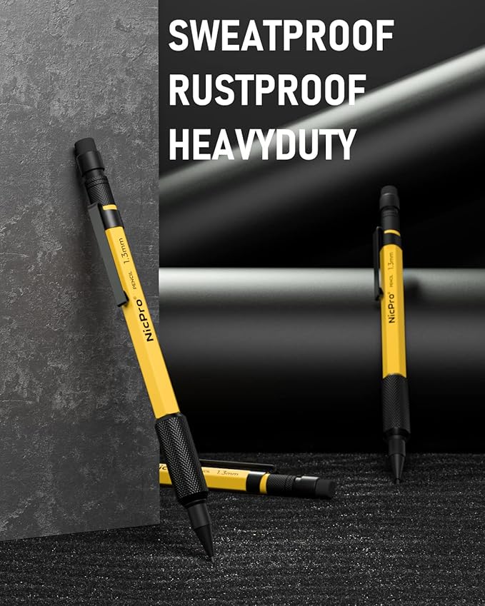 Nicpro 21PCS 1.3 mm Mechanical Pencil Set in Leather Bag with 138 Lead Refill, Eraser, Eraser Refills - Weatherproof Metal Barrel, Heavy Duty Carpenter Pencil for Outdoor Marking Drawing Woodworking