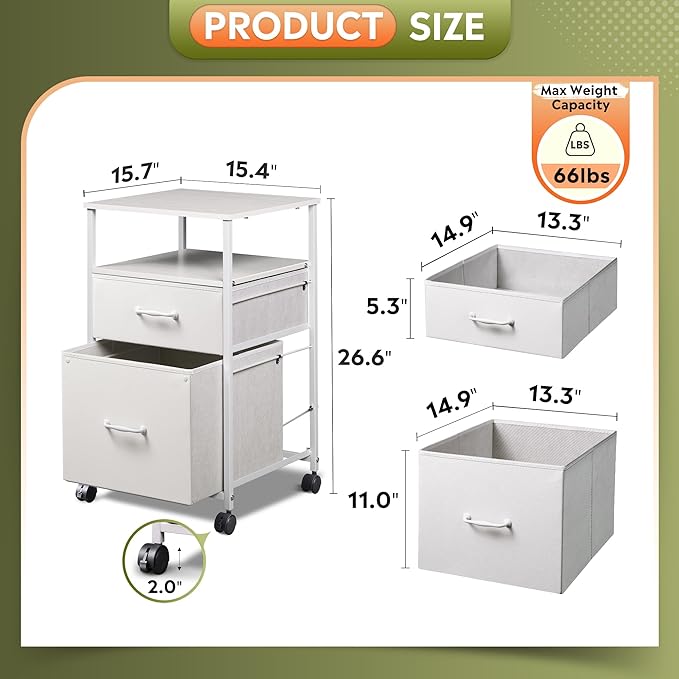 DEVAISE 2 Drawer Fabric Vertical Filing Cabinet, Rolling Printer Stand, White