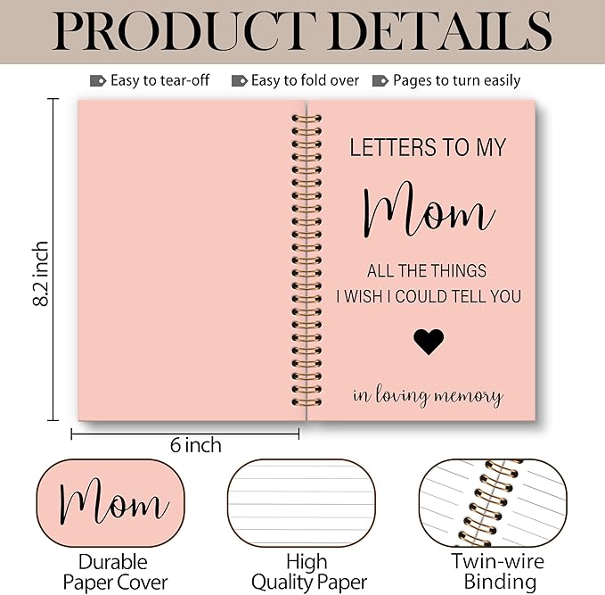 Memorial Gifts for Loss of Mom Grief Notebook Journal, Letters to My Mom in Heaven Journal, Sympathy Notebooks Gifts for Loss of Mom Women, In Loving Memory Sympathy Gifts, 6x8.2In（Pink）