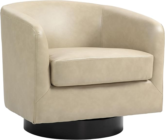 UIXE Faux Leather Swivel Accent Chair with Wood Base, Modern Upholstered Barrel Chairs for Living Room, Comfy Round Armchair Single Sofa Bedroom Reading Seat - 31" W, Cream