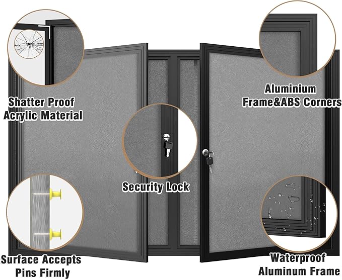 48"x30" Enclosed Bulletin Board, Outdoor Lockable Weather-Resistant Aluminum Cork Noticeboard for School & Office, Black Frame w/Grey Flet