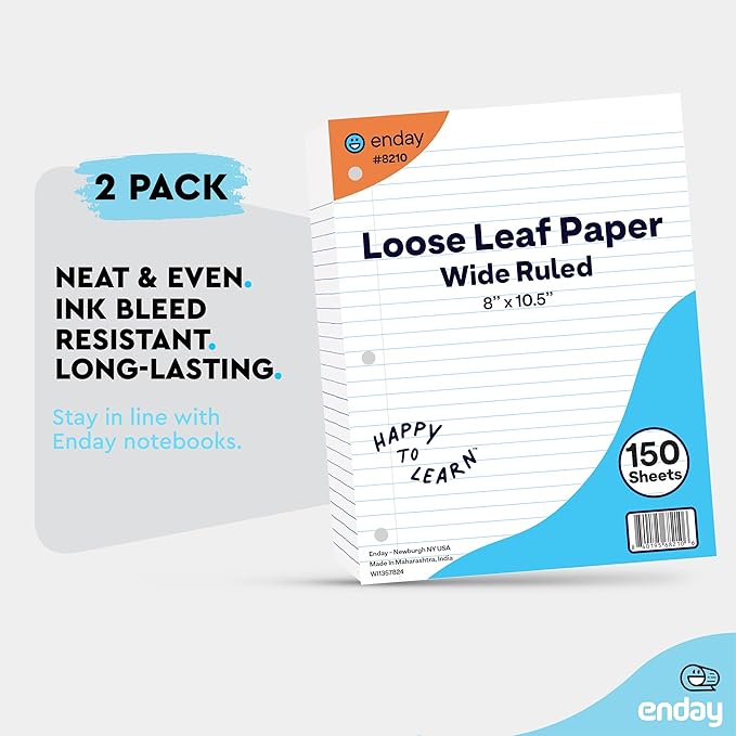 Loose Leaf Paper Bulk, 3600 Sheets, Wide Ruled (24 Pack) 150 Sheets Per Pack, 8" x 10.5" White Filler Paper, 3 Hole Punched Binder Paper for 3 Ring Binders, Notebook Paper - By Enday