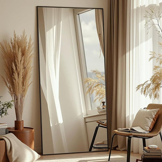 Full Length Mirror, 71"x32" Oversized Floor Mirror Freestanding, Full Body Mirror Floor Standing Mirrors with Stand, Hanging Mounted Mirrors for Bedroom Living Room, Black, Rect Style