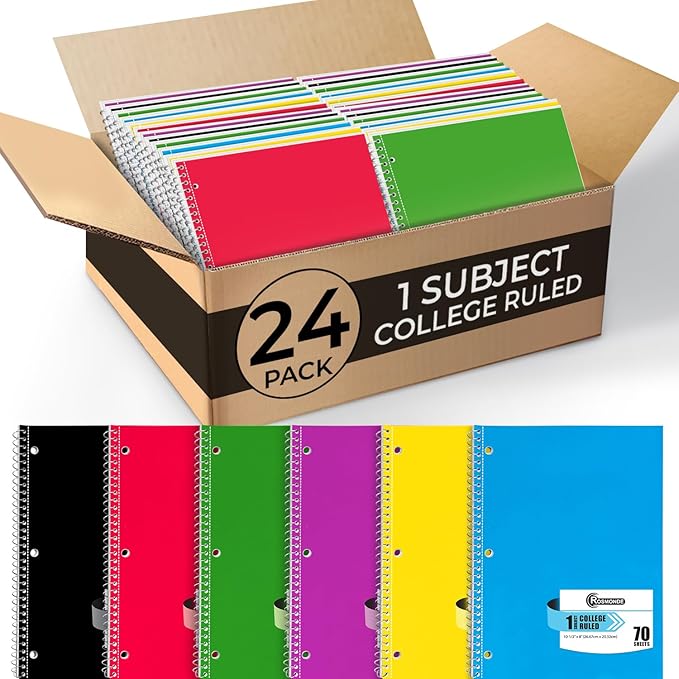 Spiral Notebook, 24 Pack, 1 Subject, College Ruled, 70 Sheets, 8 x 10-1/2",Bulk College Ruled Spiral Notebook for School, 3 Hole Punched, Single Subject Spiral Notebook Bulk, Assorted Colors