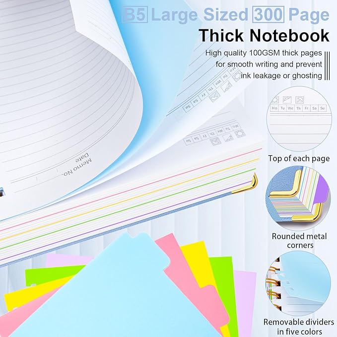 Hardcover Spiral Notebook 8"x10" Journal Notebook with Tabs and Removable Dividers 300 Pages 5 Subject Notebook College Ruled, Faux Leather Spiral Bound Notebook for Women, Students, School Work (Lake Blue)