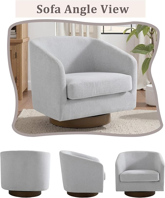 UIXE Swivel Accent Chair with Wood Base, Chenille Upholstered Barrel Chairs for Living Room, Comfy Round Armchair Single Sofa Bedroom Reading Seat - 31" W, Beige