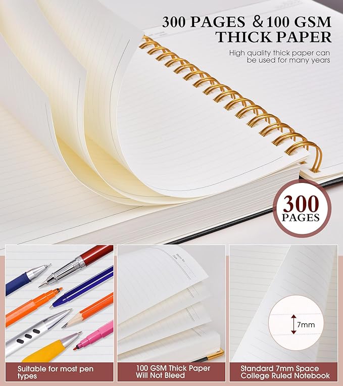 Spiral Notebook Journal 5.75” x 8.38”, 300 Pages Hardcover Leather Lined Journals for Women Men, A5 Small College Ruled Notebooks with 100 GSM Thick Paper, Spiral Journal for Writing Work School,