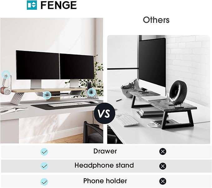 Fenge Dual Monitor Stand, 42.5 Inch Monitor Riser for Desk, Wood Desk Shelf for 2 Monitors, 2 Tier Monitor Shelf with Headphone Stand & Phone Holder