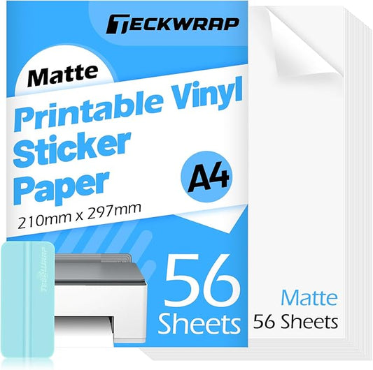 TECKWRAP Printable Vinyl Sticker Paper for Inkjet Printer, Matte Inkjet Printable Vinyl, 8.26" x 11.69" A4 56 Sheets/Pack Photo Paper for Craft Scrap-Booking, Stickers, Labels