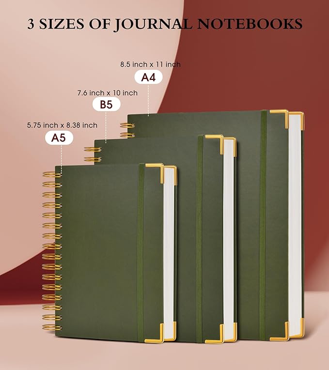 Spiral Notebook Journal 8.5” x 11”, 300 Pages Hardcover Leather Lined Journals for Women Men, A4 Large College Ruled Notebooks with 100 GSM Thick Paper, Spiral Journal for Writing Work, Olive Green