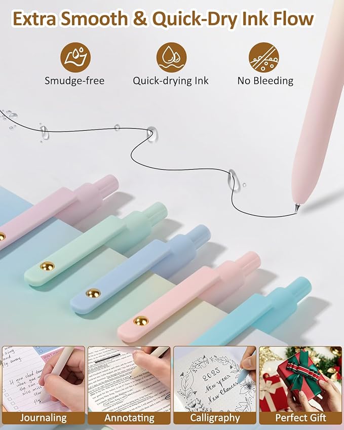 FIOVER Gel Pens, 6 Pcs 0.7mm Comfort Grip Quick Dry Black Ink Pens Fine Point Smooth Writing Pens, Cute Office Back to School Supplies Gifts for Women (12PCS Gradient Black Ink)