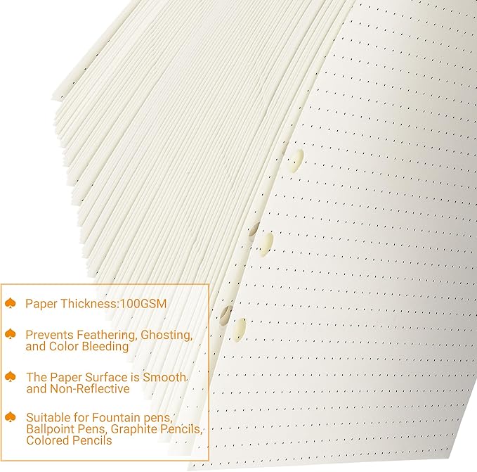 A5 Dot-Ruled Refill Paper, 100gsm Thick Beige No-Bleed Sheets (2 Packs, 80 Sheets Each), Pre-Punched – Fits A5 6-Ring Binders for Office, School & Teachers