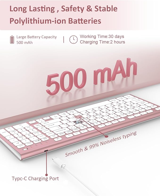 FENIFOX Wireless Keyboard, Bluetooth + USB Ergonomic Silent Quiet Rechargeable with Number Pad Cute Compact Full Size Multi Device Keyboards for iPad Tablet Mac Computer Surface PC MacBook Laptop Pink