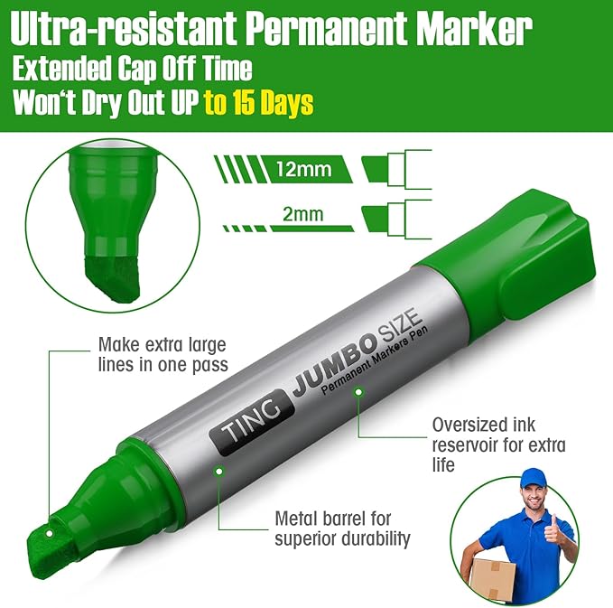 Fuutreo 10 Pack Jumbo Permanent Markers Bulk Large Chisel Tip Permanent Markers Quick Drying Waterproof Big Huge Poster Pens for Office, Logistics Company and More(Grass Green)