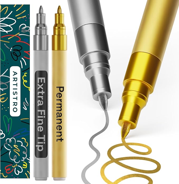 ARTISTRO 2 Gold & Silver Permanent Marker - Waterproof Markers for Tire, Fabric, Rocks, Glass, Ceramic, Wood, Paper - Oil Based Paint Pens - Extra-Fine Tip 0.7mm