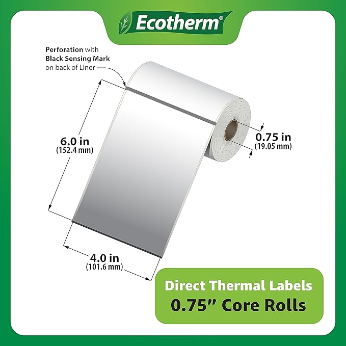 4" x 6" Mobile Printer Labels | 25 Rolls | 2625 Labels | fits Zebra ZQ630, QL420, and QLn420 Printers | Black Mark On Liner | .75" Core Rolls | by Ecotherm