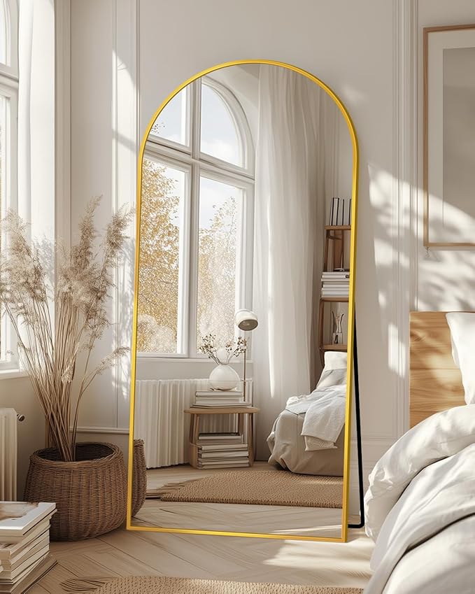 Full-Length Floor Mirror with Stand, 68"x26" Arched Style Full Body Standing Mirror for Bedroom, Living Room, Gym, Dorm - Shatter-Resistant & Easy Assembly, Gold