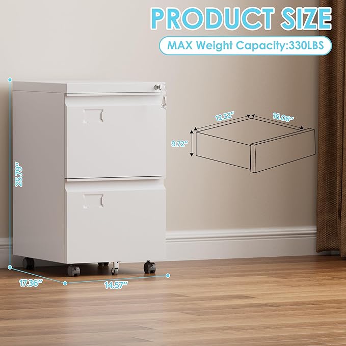 2 Drawer Mobile File Cabinet with Lock,Under Desk Metal Filing Cabinets for Home Office Fits Letters/Legal/A4 Size Folder, Assembly Required, White