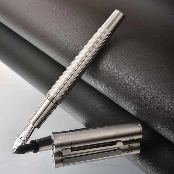 Hongdian T1 Titanium Fountain Pen, Iridium Fine Soft Nib Chinese Knot Carving with Converter and Metal Case Set