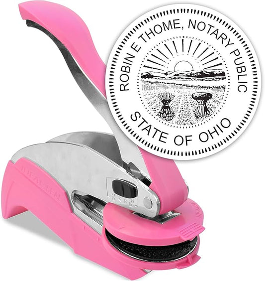 MaxMark Notary Seal Round Pink Embosser for Ohio State - Includes Gold Burst Seal Labels (50 Count)