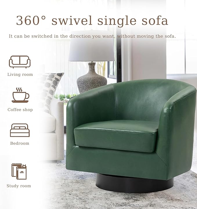 UIXE Faux Leather Swivel Accent Chair with Wood Base, Modern Upholstered Barrel Chairs for Living Room, Comfy Round Armchair Single Sofa Bedroom Reading Seat - 31" W, Green