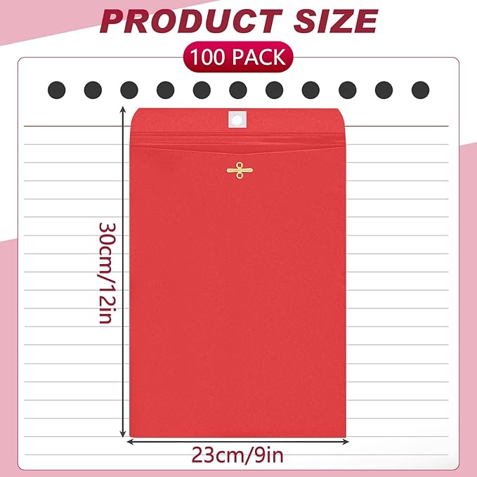Geyee 100 Pcs Clasp Manilla Envelopes 9 x 12 Inch Gummed Colored Envelopes for Storing or Mailing for Home Office Business Supplies(Red)